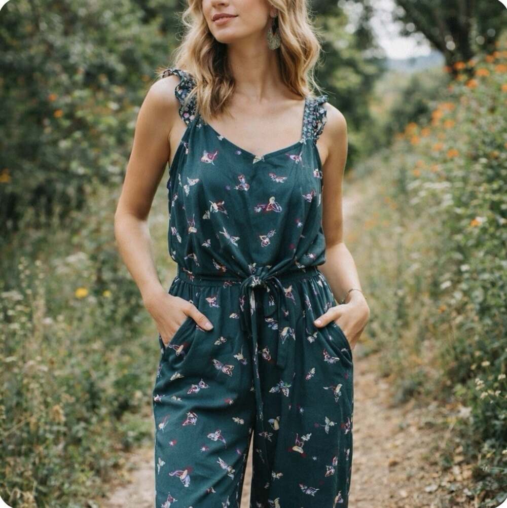 Matilda Jane Sz XS Evergreen Dream Hummingbird Cross Tie Front Pckts Pantsuit